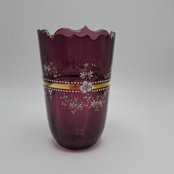 Hand-Painted Amethyst Enamel Floral Vase With Scalloped Rim - Picture 1 of 16